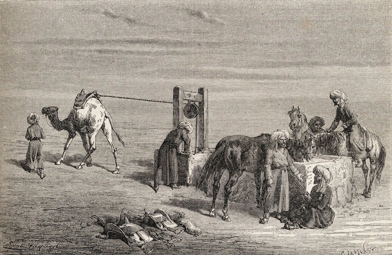 En brønd i ørkenen mellem Samarkand og Karshi, Usbekistan, illustration fra 