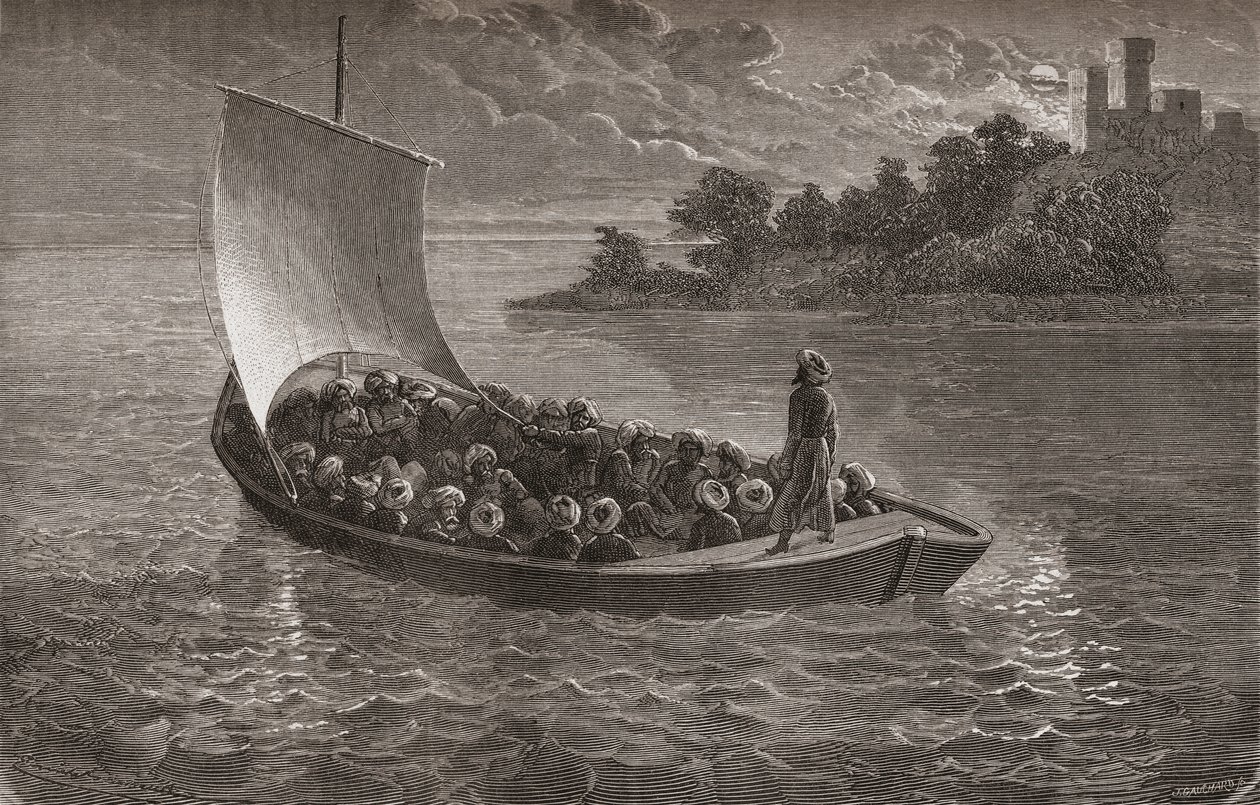 Arminio Vambery og hans ledsagere, der sejler i det Kaspiske Hav i 1863, illustration fra 