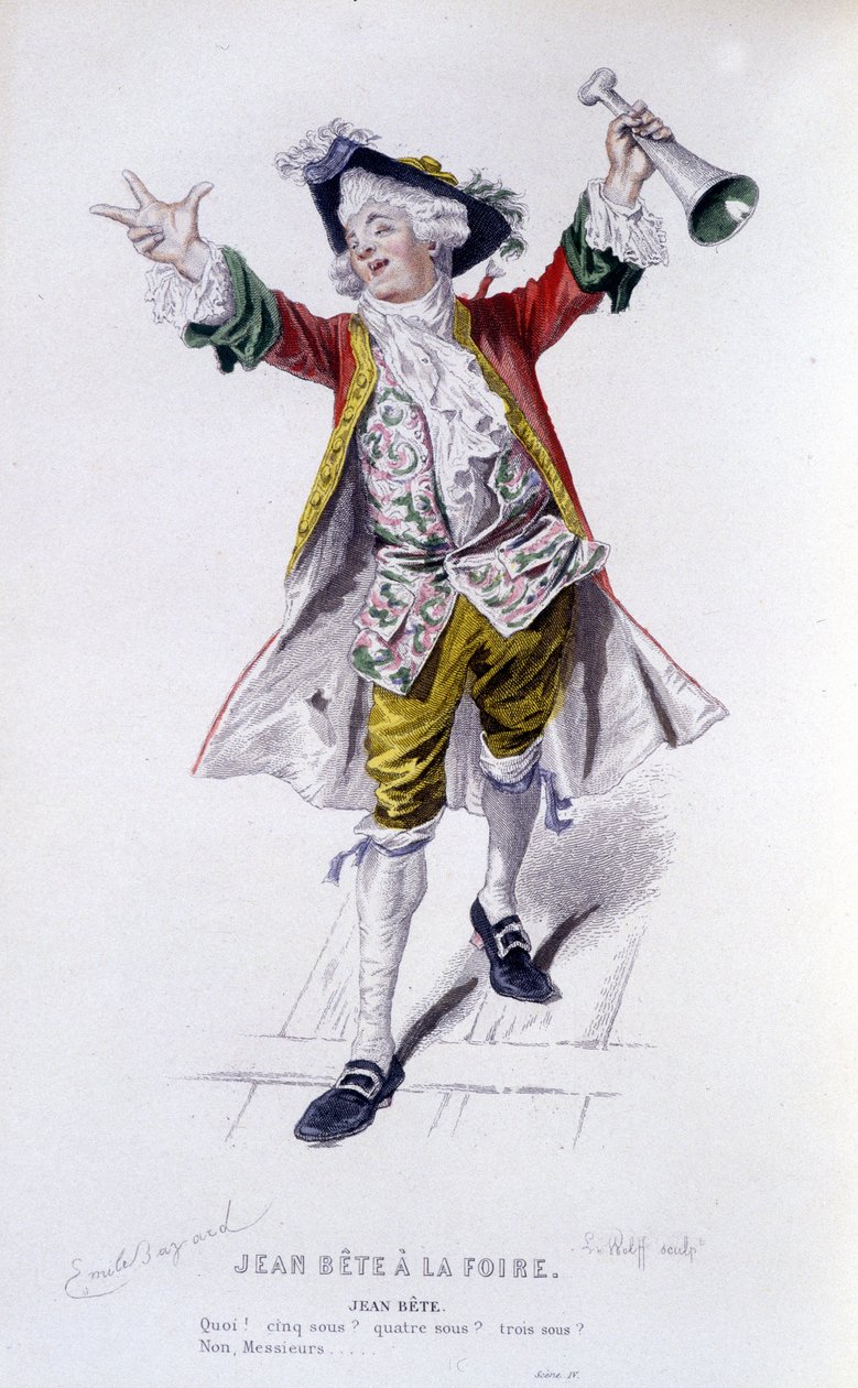 , Komplet værk af Beaumarchais (1732-1799) af Edouard Fournier. tegning af Emile Bayard. Ed. Laplace, Sanchez et Cie, Paris 1876. Dette er Jean Beast i "" Jean Beast at the Fair"" af Emile Antoine Bayard
