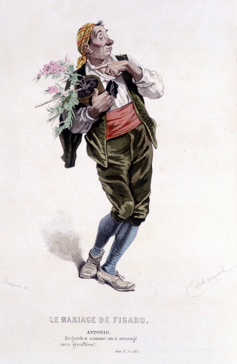 Komplet værk af Beaumarchais (1732-1799) af Edouard Fournier. tegning af Emile Bayard. Ed. Laplace, Sanchez et Cie, Paris 1876. Dette er Antonio i "Figaros bryllup"" af Emile Antoine Bayard
