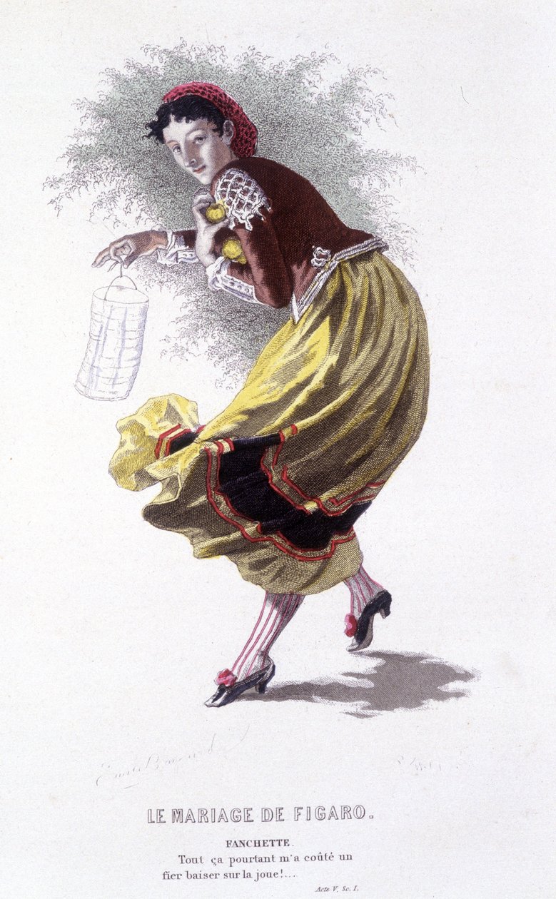 Komplet værk af Beaumarchais (1732-1799) af Edouard Fournier. tegning af Emile Bayard. Ed. Laplace, Sanchez et Cie, Paris 1876. Dette er Fanchette i "Figaros bryllup" af Emile Antoine Bayard