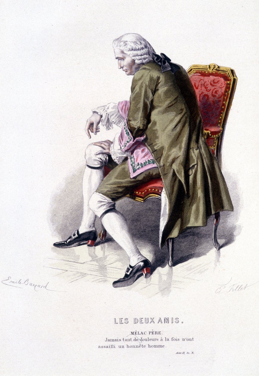 Komplet værk af Beaumarchais (1732-1799) af Edouard Fournier. tegning af Emile Bayard. Ed. Laplace, Sanchez et Cie, Paris 1876. Dette er Melac Fader i "The Two Friends" af Emile Antoine Bayard