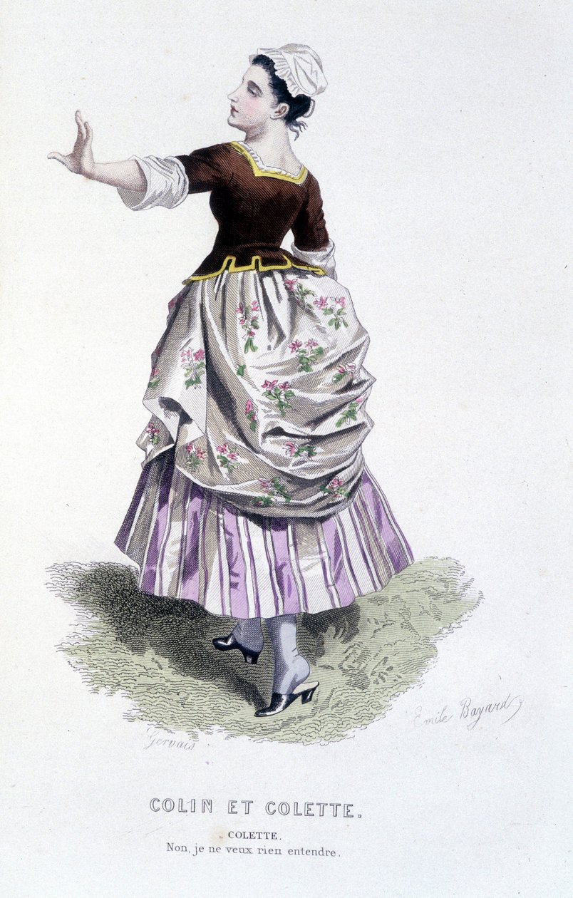 Komplet værk af Beaumarchais (1732-1799) af Edouard Fournier. tegning af Emile Bayard. Ed. Laplace, Sanchez et Cie, Paris 1876. Dette er Colette i "Colin og Colette" af Emile Antoine Bayard