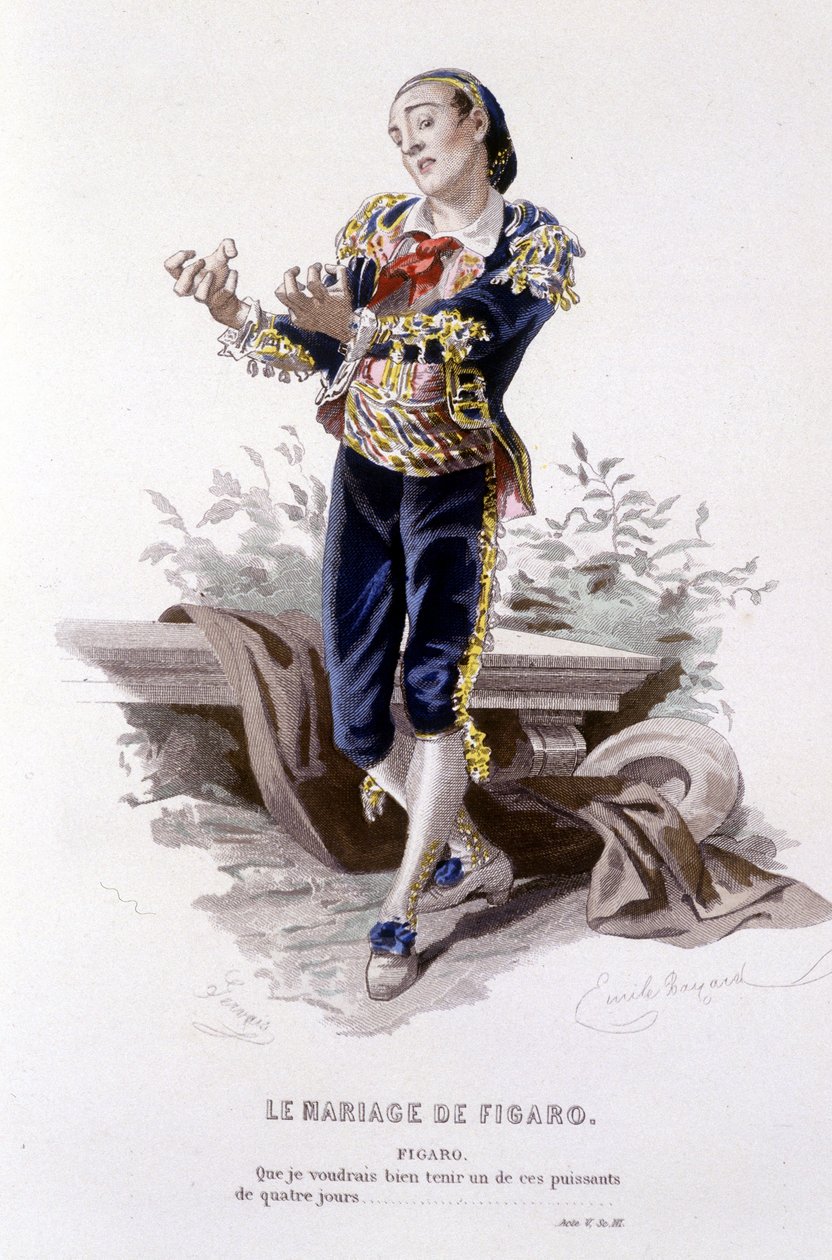 Komplet værk af Beaumarchais (1732-1799) af Edouard Fournier. tegning af Emile Bayard. Ed. Laplace, Sanchez et Cie, Paris 1876. Dette er Figaro i "Figaros bryllup"" af Emile Antoine Bayard