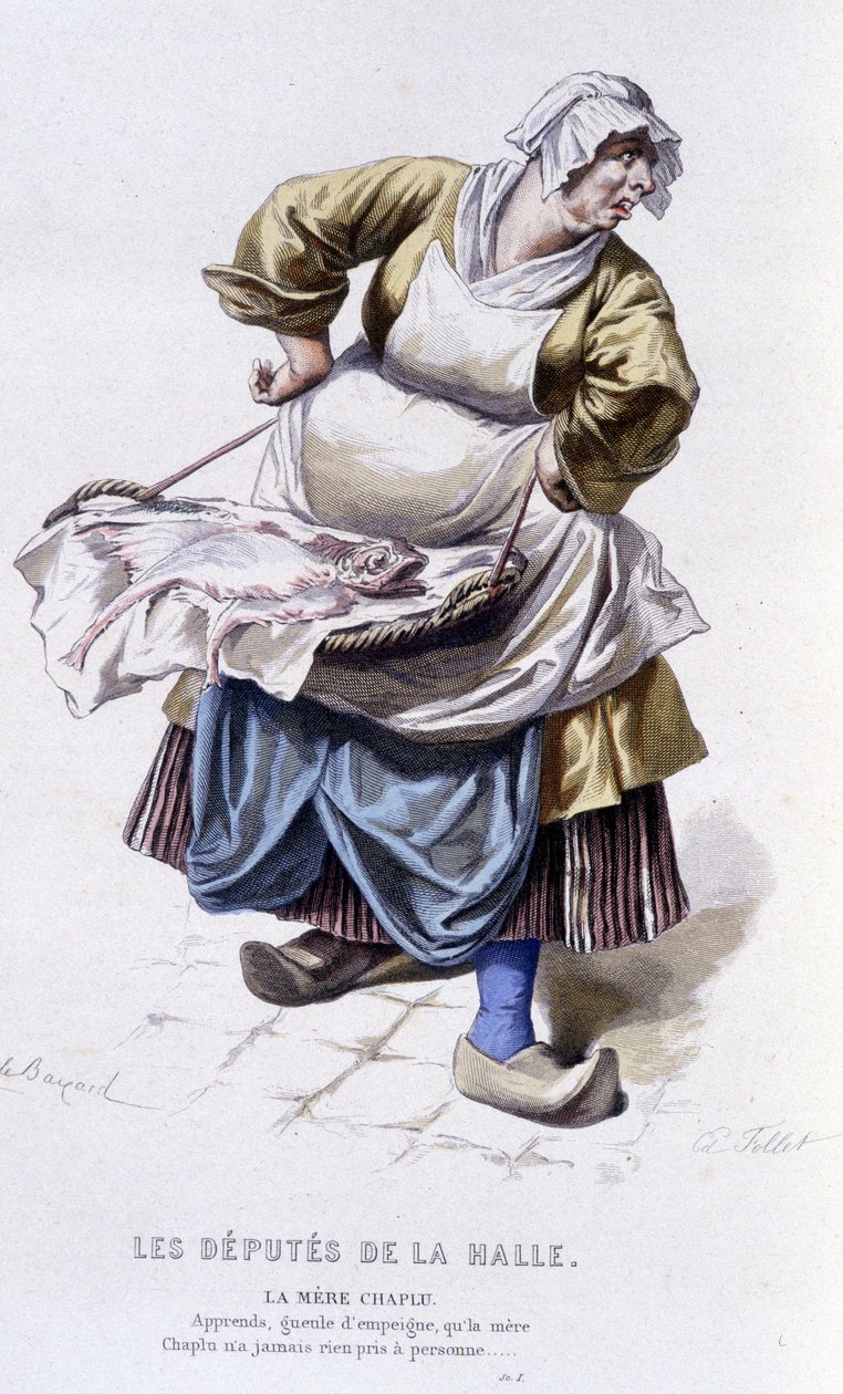 Komplet værk af Beaumarchais (1732-1799) af Edouard Fournier. tegning af Emile Bayard. Ed. Laplace, Sanchez et Cie, Paris 1876. Dette er Mother Chaplu i "The Deputies of the Hall" af Emile Antoine Bayard