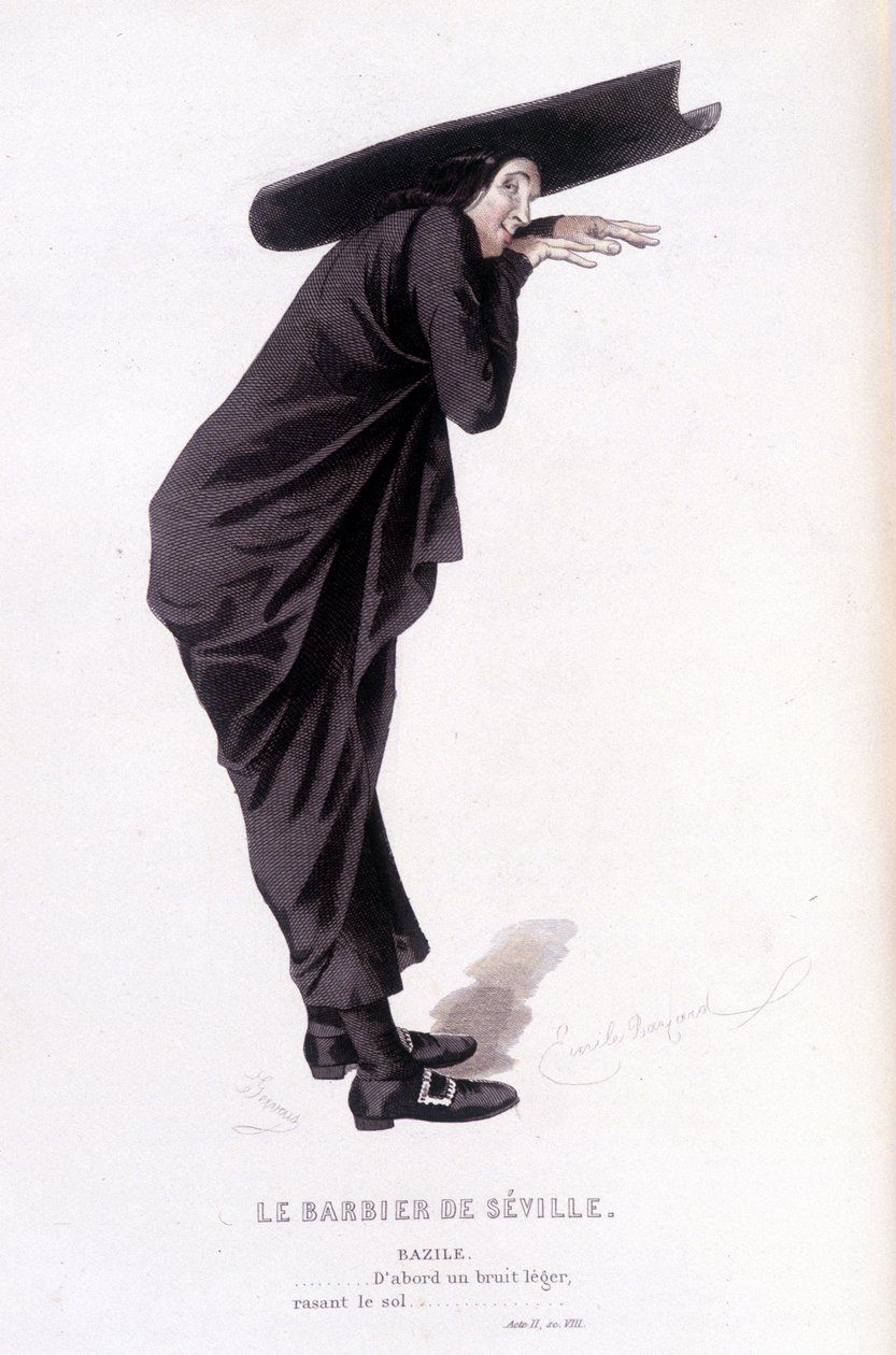 Komplet værk af Beaumarchais (1732-1799) af Edouard Fournier. tegning af Emile Bayard. Ed. Laplace, Sanchez et Cie, Paris 1876. Dette er Bazile i "Barberen fra Sevilla" af Emile Antoine Bayard