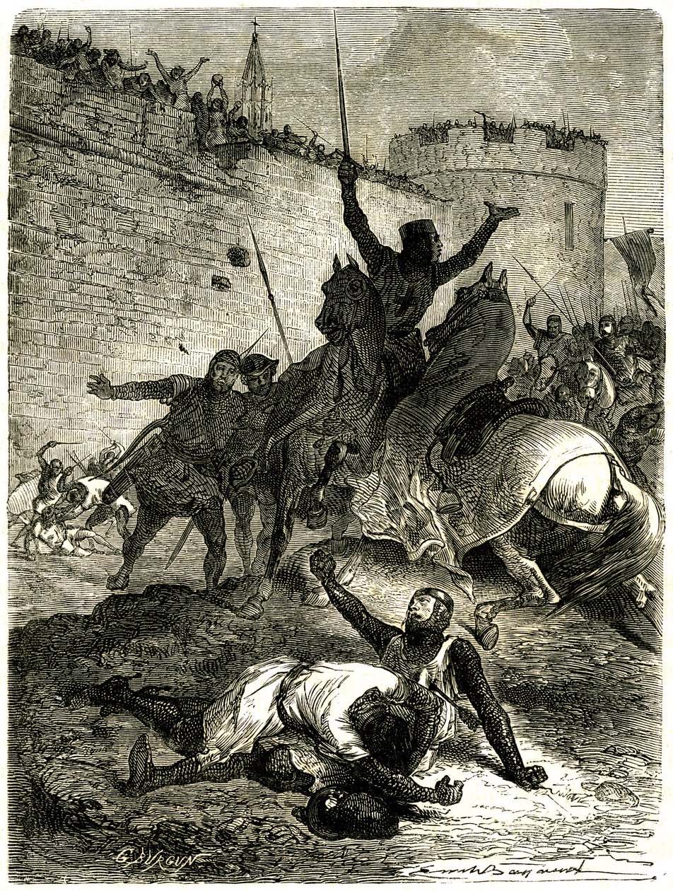 Korstog mod Albigeois - Belejring af Toulouse, 25. juni 1218. Simon de Montforts bror er lige blevet såret af en pil, Simon de Montfort selv bliver dræbt af en kugle af katapultkast, siges det, af en af kvinderne af Toulouse som er af Emile Antoine Bayard