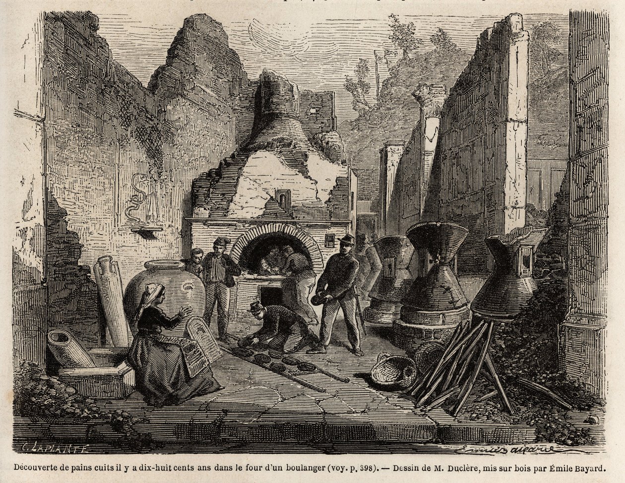 Opdaget af en bagerovn og konserveret brød i aske under udgravningerne i 1864 i Pompei, tegning af Emile Bayard (1837-1891), for at illustrere Marc Monniers tekst (1829-1885) "" Pompei og Pompeierne"". Indgravering i "" Le tour du monde"", redigeret af af Emile Antoine Bayard