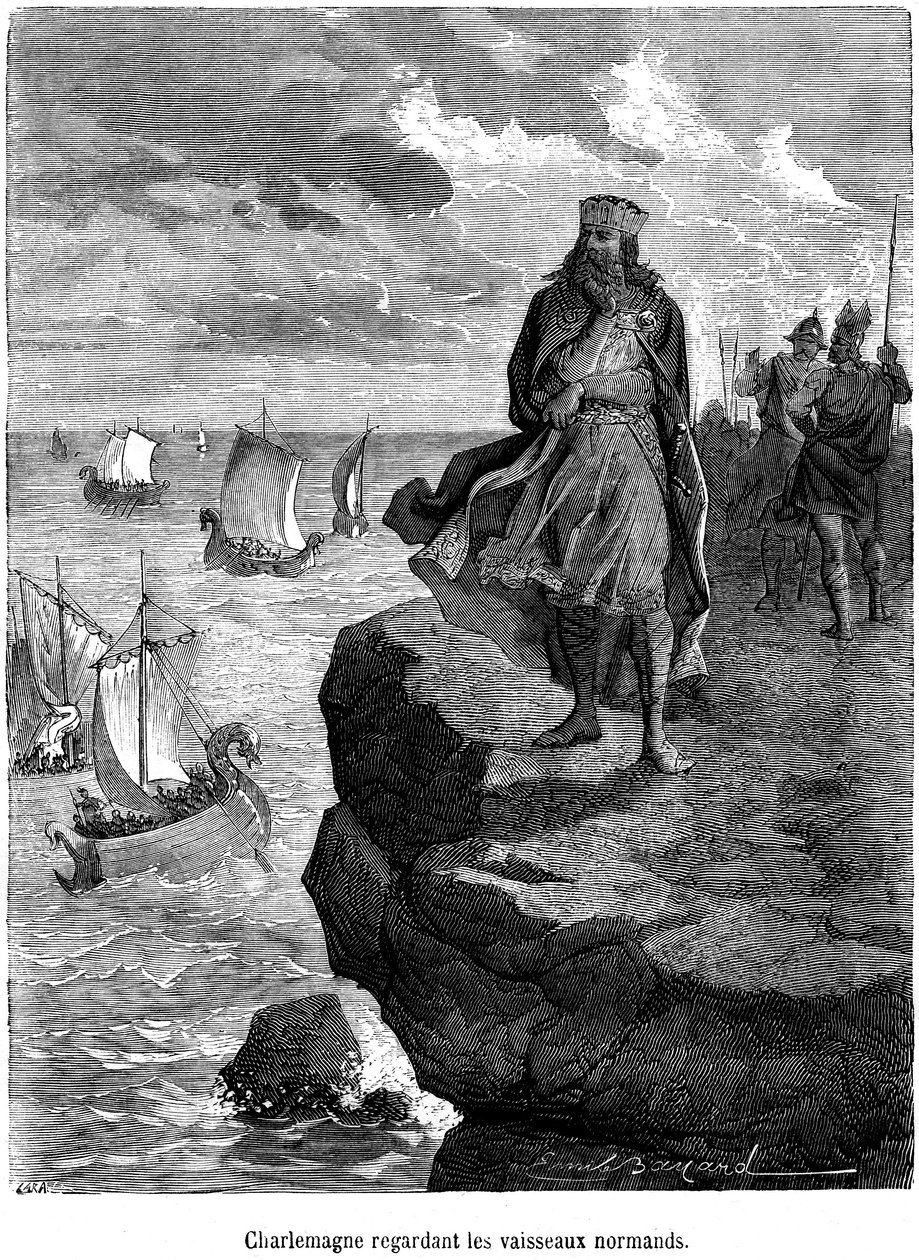 Kejser Karl den Store ser ankomsten af normanniske skibe på den franske kyst - vikingeskibe og krigere - drakkar, skandinavisk navigation, nordisk invasion - gravering af Emile Bayard, der illustrerer "Det populære Frankrigs historie af Henri Martin af Emile Antoine Bayard