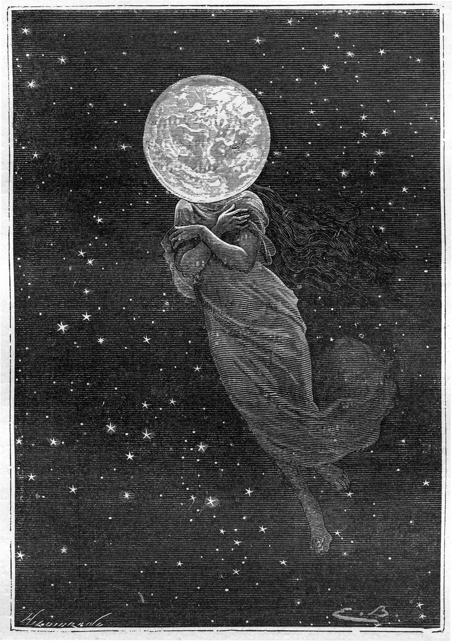Indgravering (af Emile Bayard) af Jules Vernes bog "" Around the Moon"" (Hetzel edition/Voyages extraordinaire 1870): beskrivelse af månen tegnet med en ung kvindes krop (tekst af J. Verne): ""... udstoppet overflade, revnet, en rigtig skimmer, værdig til  af Emile Antoine Bayard