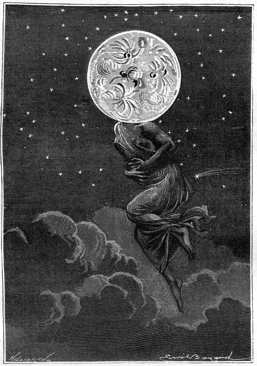 Indgravering (af Emile Bayard) af Jules Vernes bog Around the Moon (Hetzel edition/Voyages extraordinaire 1870): "" månen personificeret med en ung kvindes krop... lider af kolik! "" af Emile Antoine Bayard