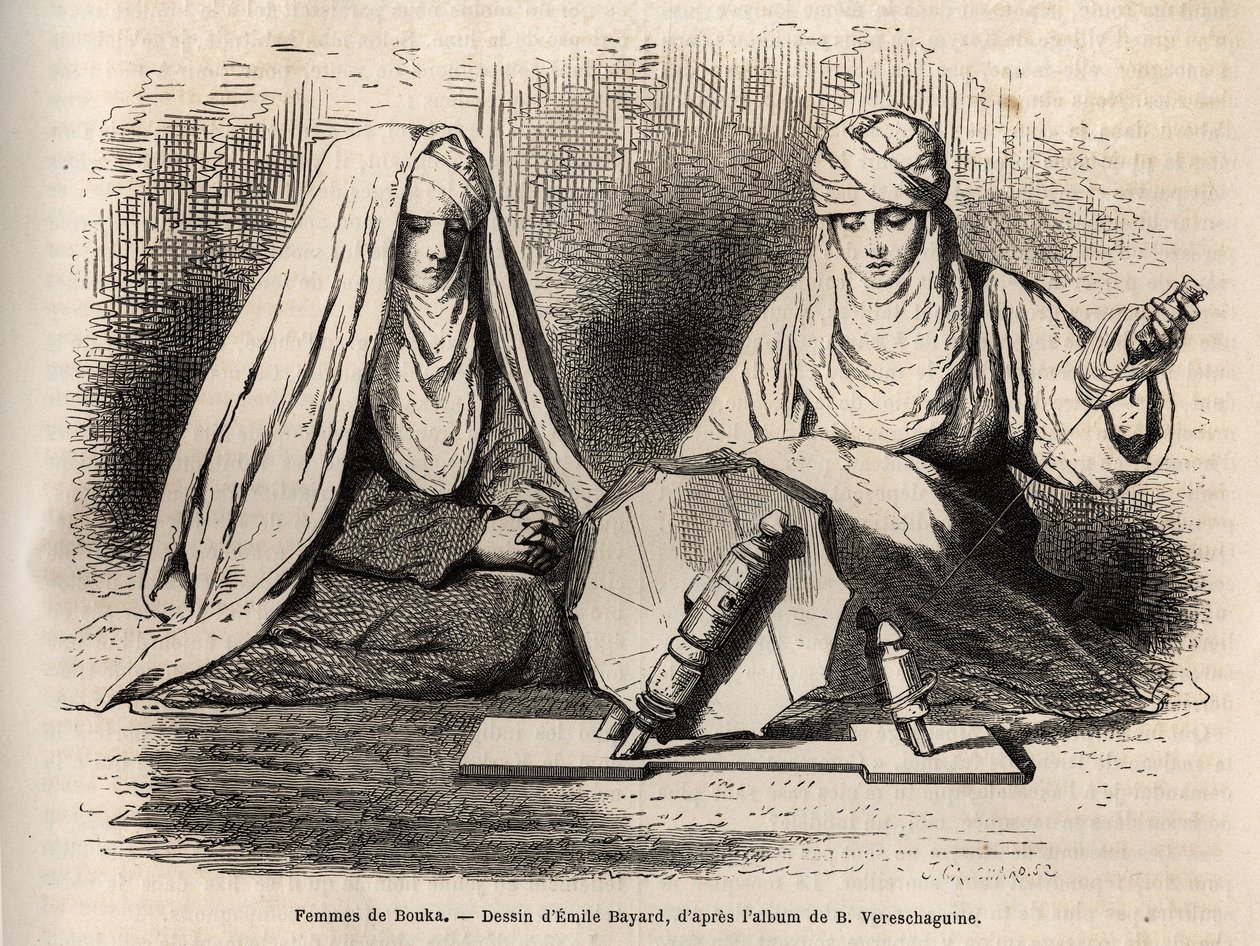 Femmes de Boukhara (Usbekistan), der arbejder på deres arbejde med at spunde, gravering efter en tegning af Emile Bayard, for at illustrere Basile Vereschaguines rejse ind i Centralasien i 1867-1868, udgivet i "" Le tour du monde"" 1873, redigeret af Edoua af Emile Antoine Bayard