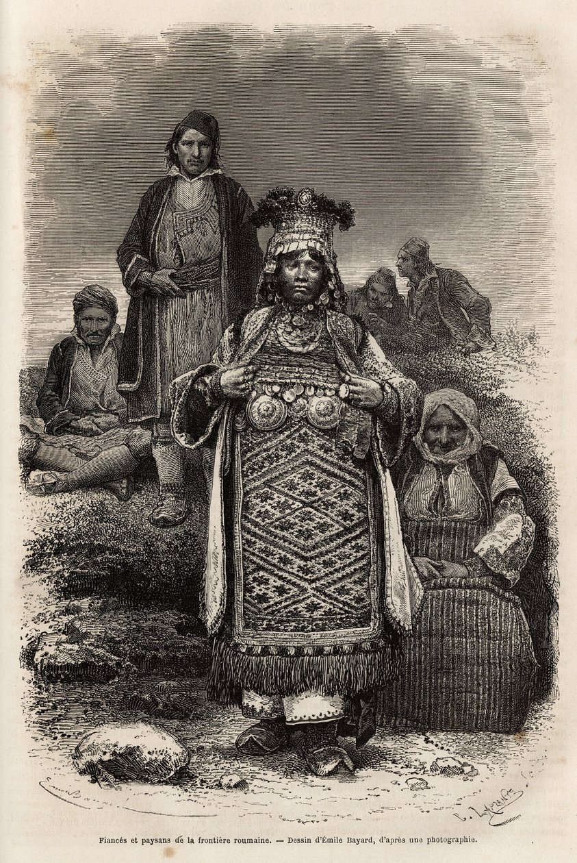 Forlovere og bønder ved de rumænske grænser, gravering efter tegningen af Emile Bayard, illustrerer rejsen til Bulgarien, af Guillaume Lejean, i 1867, udgivet i "" Le tour du monde"" 1873, redigeret af Edouard Charton, Hachette-udgaven, Paris . Se af Emile Antoine Bayard