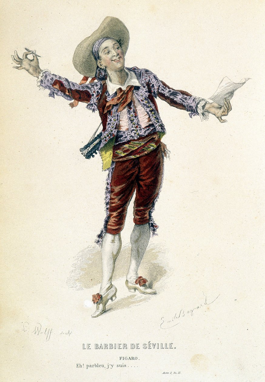 Figaro i "Barberen fra Sevilla" i "Oeuvres completes de Beaumarchais", red. Laplace Sanchez & cie, Paris af Emile Antoine Bayard