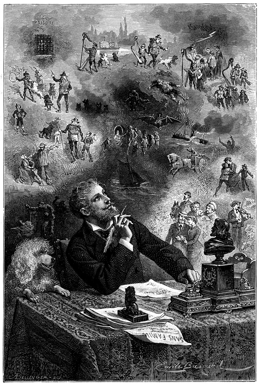 Frontispice af Emile Bayard til Hetzel 1880-udgaven af Hector Malots roman "" Sans Famille "": Forfatteren ved sit arbejdsbord forestiller sig sine karakterer og indslaget i hans bog - Remi og medlemmerne af truppen af Monsieur Vitalis, rejsende kunstner af Emile Antoine Bayard
