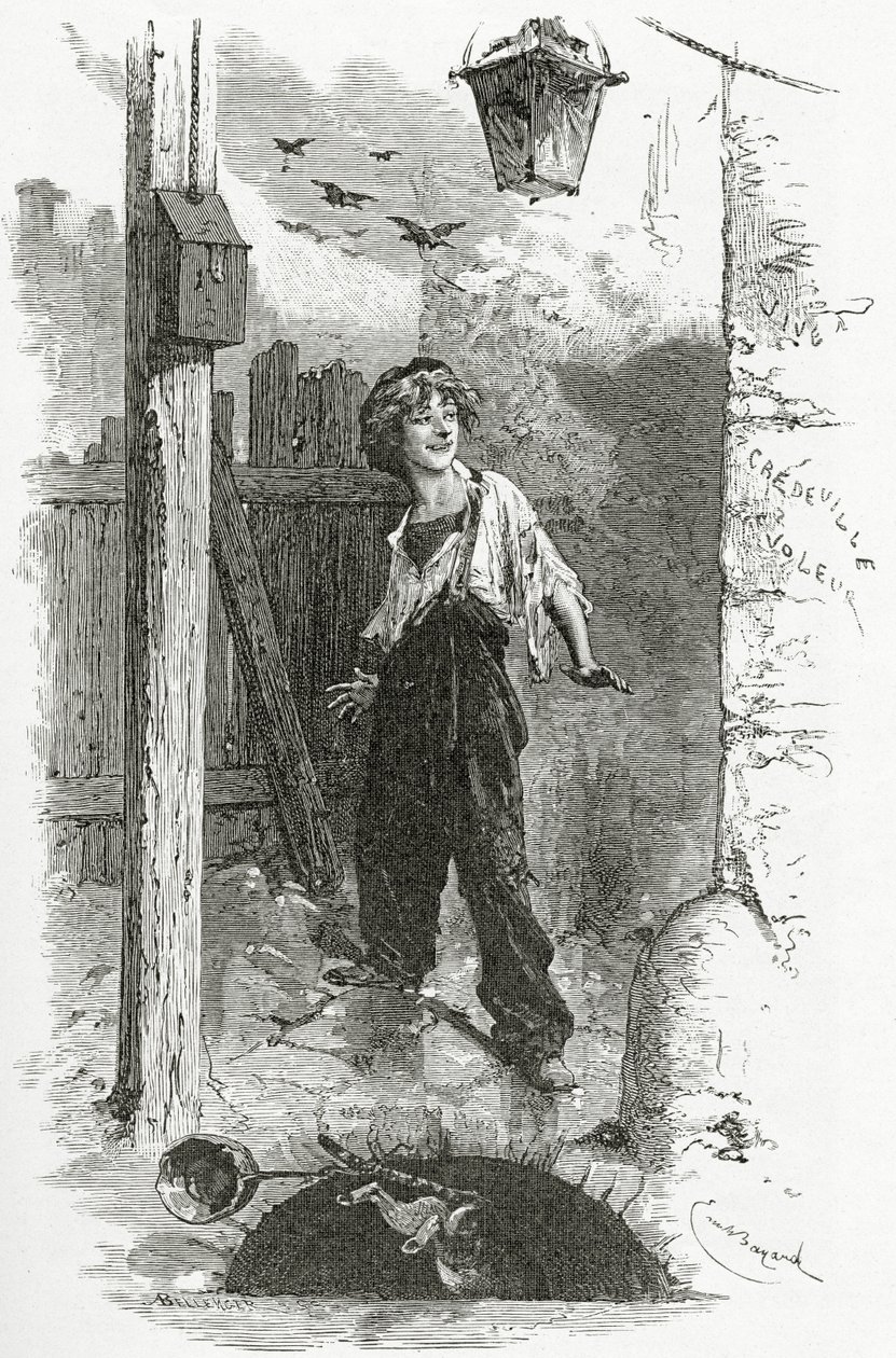 Gavroche, 1800-tallet (bw-gravering) af Emile Antoine Bayard