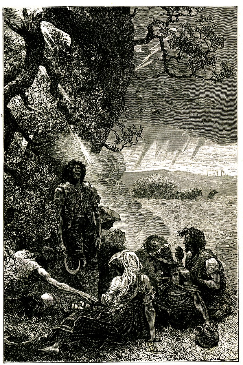 En gruppe høstarbejdere blev ramt af lynet, mens de søgte ly under et træ i en storm. af Emile Antoine Bayard