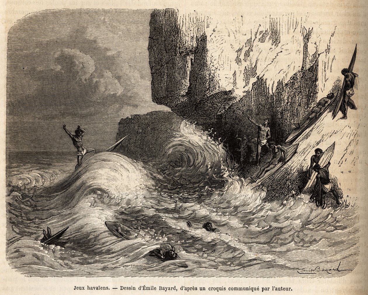 Hawaiian Games, ved afgrunden af Mokapuu, på øen Oahu, distraherede indbyggerne sig selv ved at øve deres yndlingsspil: surfing, gravering efter Emile Bayards tegning, illustrerer rejsen til Sandwichøerne, i 1855-1869, af af Emile Antoine Bayard