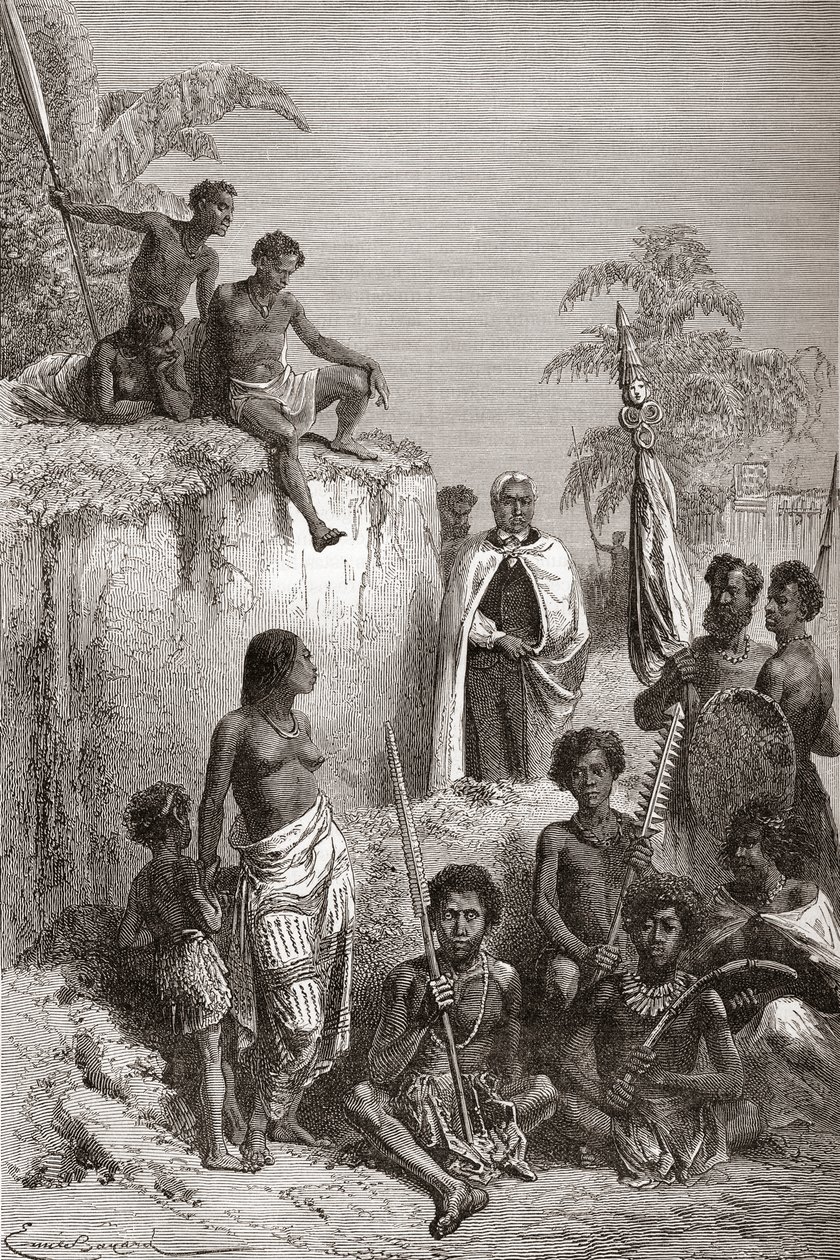 Den hawaiianske kong Kamehameha I og hans krigere, illustration fra "The World in the Hands", udgivet i 1878 (stik) af Emile Antoine Bayard