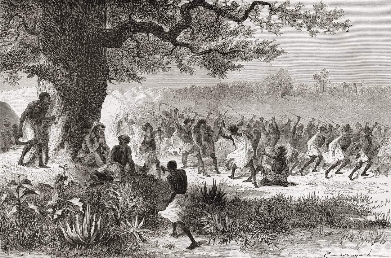 Henry Morton Stanley ser Vouagogos-stammen forberede sig til kamp under sin ekspedition i 1871, illustration fra 