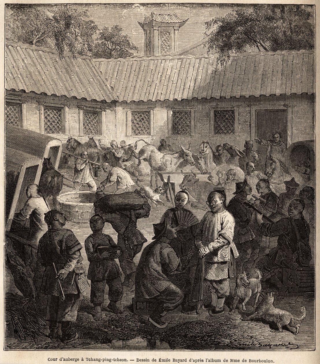 Hostels gårdhave i Chiang Ping Cheou. Tegning af Emile Bayard (1837-1891), til illustration af Shanghais rejse til Moskva, fra 1859 til 1862, af M. de Bourboulon, Frankrigs minister til Kina. Indgravering i "" Le tour du monde"", redigeret af Edouard Chart af Emile Antoine Bayard