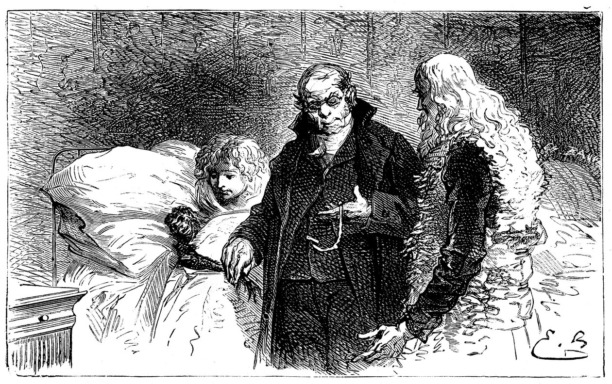 Illustration af Emile Bayard til Hector Malots roman "" Sans Famille "": Joli-Coeur (skønt hjerte), den syge videnskabsmandsabe bliver undersøgt af en læge (auskult af en læge, der tager kyllingen fra ham) i nærværelse af Remi og Monsieur Vitalis - Hetze af Emile Antoine Bayard