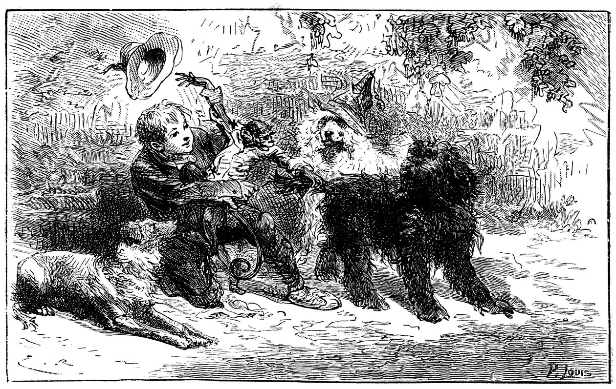 Illustration af Emile Bayard til Hector Malots roman "" Sans Famille "": Remi leger med sine venner, de lærde dyr fra monsieur Vitalis trup, rejsende kunstner - Joli-Coeur (skønt hjerte), aben og de tre hunde Capi, Zerbino og Dol af Emile Antoine Bayard