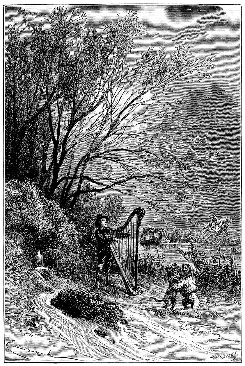 Illustration af Emile Bayard til Hector Malots roman "" Sans Famille ": Remi synger med harpen, mens hans venner danser, de lærde dyr fra monsieur Vitalis