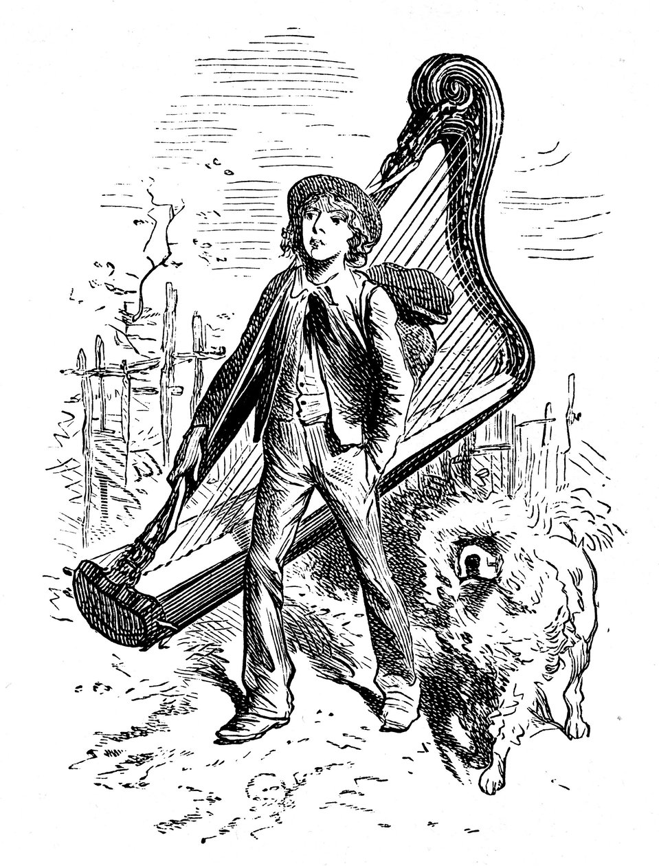 Illustration af Emile Bayard til Hector Malots roman "" Sans Famille ": Remi med sin ven hunden Capi og hans harpe - Edition Hetzel 1880 - af Emile Antoine Bayard