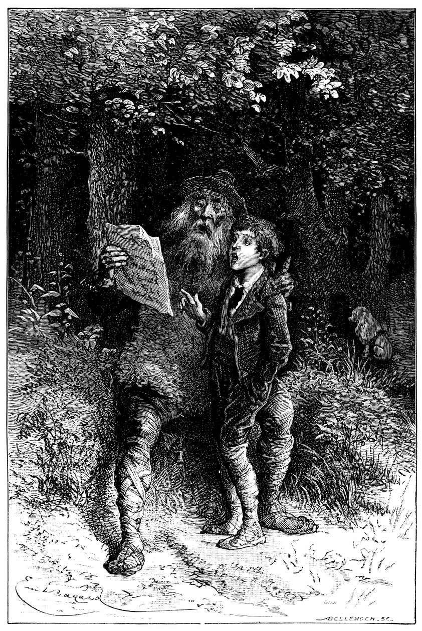 Illustration af Emile Bayard til romanen af Hector Malot "" Sans Famille ": Remi synger med Monsieur Vitalis, rejsende kunstner - gademusiker, saltimbank - Edition Hetzel 1880 - af Emile Antoine Bayard