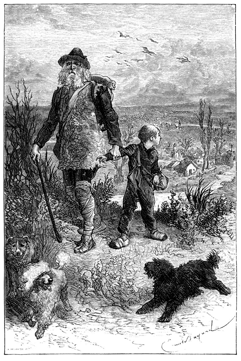 Illustration af Emile Bayard til Hector Malots roman "Uden familie": Remi tager af sted med Monsieur Vitalis, den rejsende kunstner og hans lærde dyr, de tre hunde Capi, Zerbino og Dolce - Edition Hetzel 1880 - af Emile Antoine Bayard