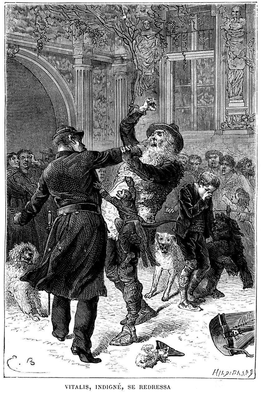 Illustration af Emile Bayard til Hector Malots roman "" Sans Famille ": i Toulouse bliver Monsieur Vitalis, uværdig, arresteret af en politibetjent foran Remi og hans venner, truppens lærde dyr: Joli-Coeur (skønt hjerte). ), aben en af Emile Antoine Bayard