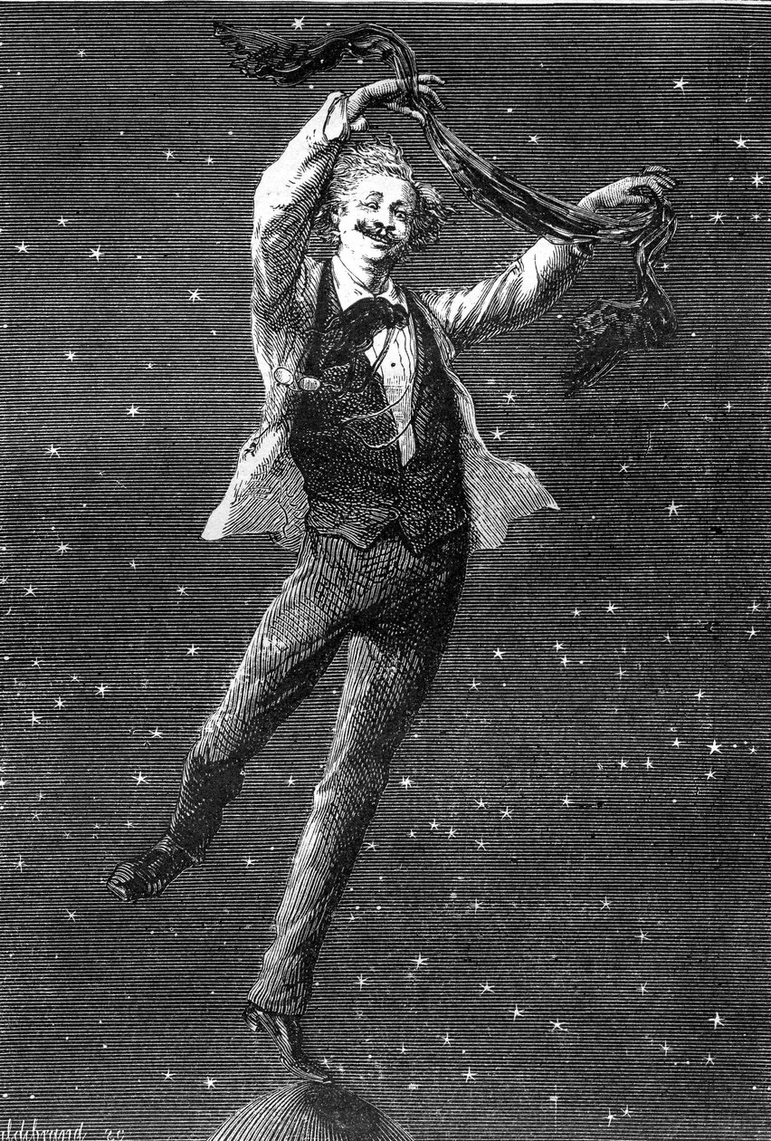 Illustration af Jules Vernes roman "Around the Moon", tegning af Emile Bayard, Hetzel edition/Voyages extraordinaire 1870. Denne illustration fremhæver inspirationsforholdet mellem de to romaner "lunar"" af Jules Verne og de to albums af T. af Emile Antoine Bayard