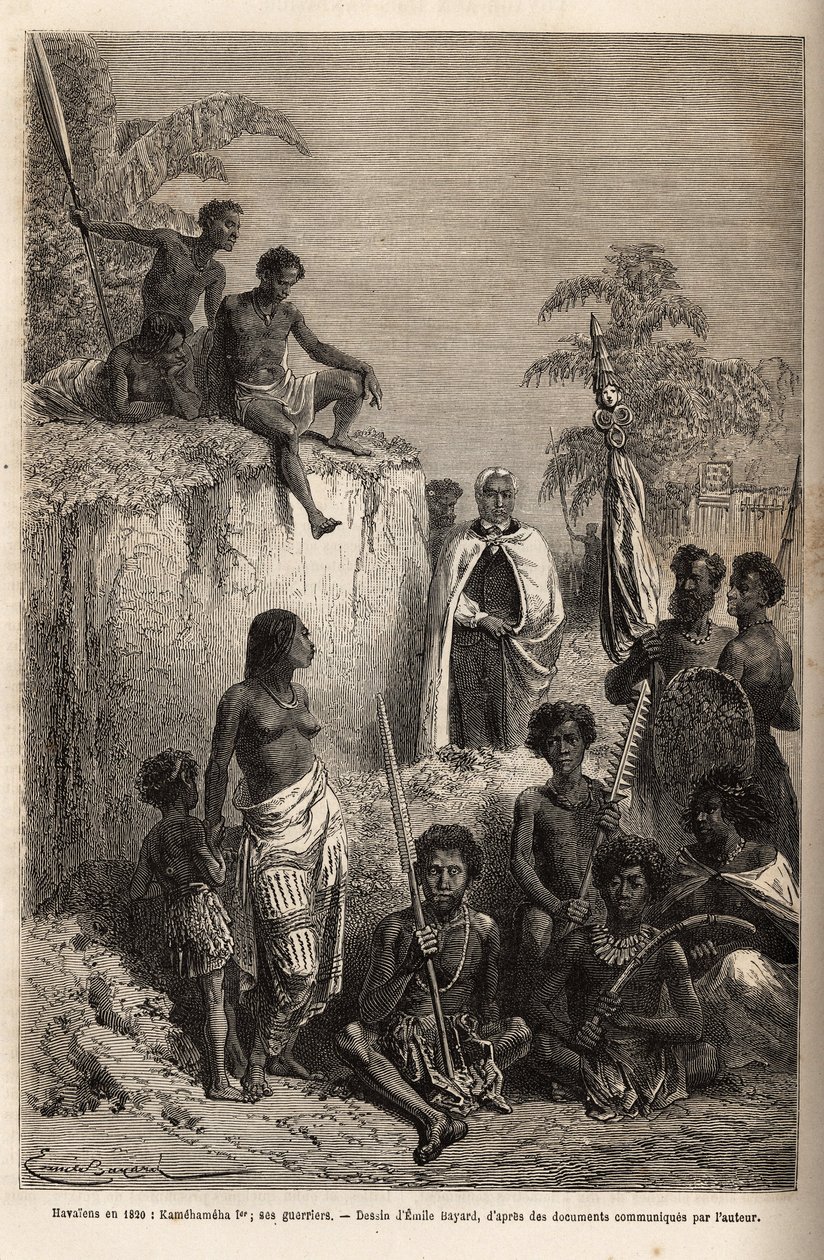 Kamehameha I (ca. 1758-1819), konge af Hawaiiøerne og grundlægger af deres enhed, omgivet af Hawaiikrigere og nogle undersåtter i Honolulu, stik efter tegning af Emile Bayard, der illustrerer rejsen til Sandwichøerne i 1855-69, af C af Emile Antoine Bayard