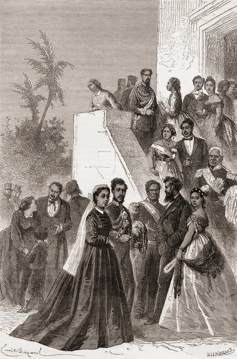 Kamehameha V, i midten, med sin familie, illustration fra 