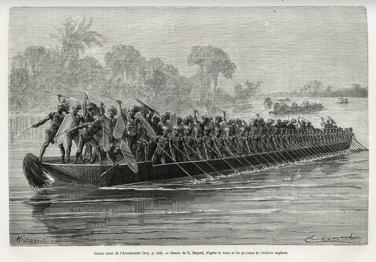 Stor kano af Arouhouimi, lastet med 40 stående padlere og tyve krigere i våben, på Livingstone-floden (Congo), tegnet af Emile Bayard, for at illustrere historien "Gennem det mystiske kontinent", rejse foretaget mellem 1874-1877, af Sir H.M. af Emile Antoine Bayard