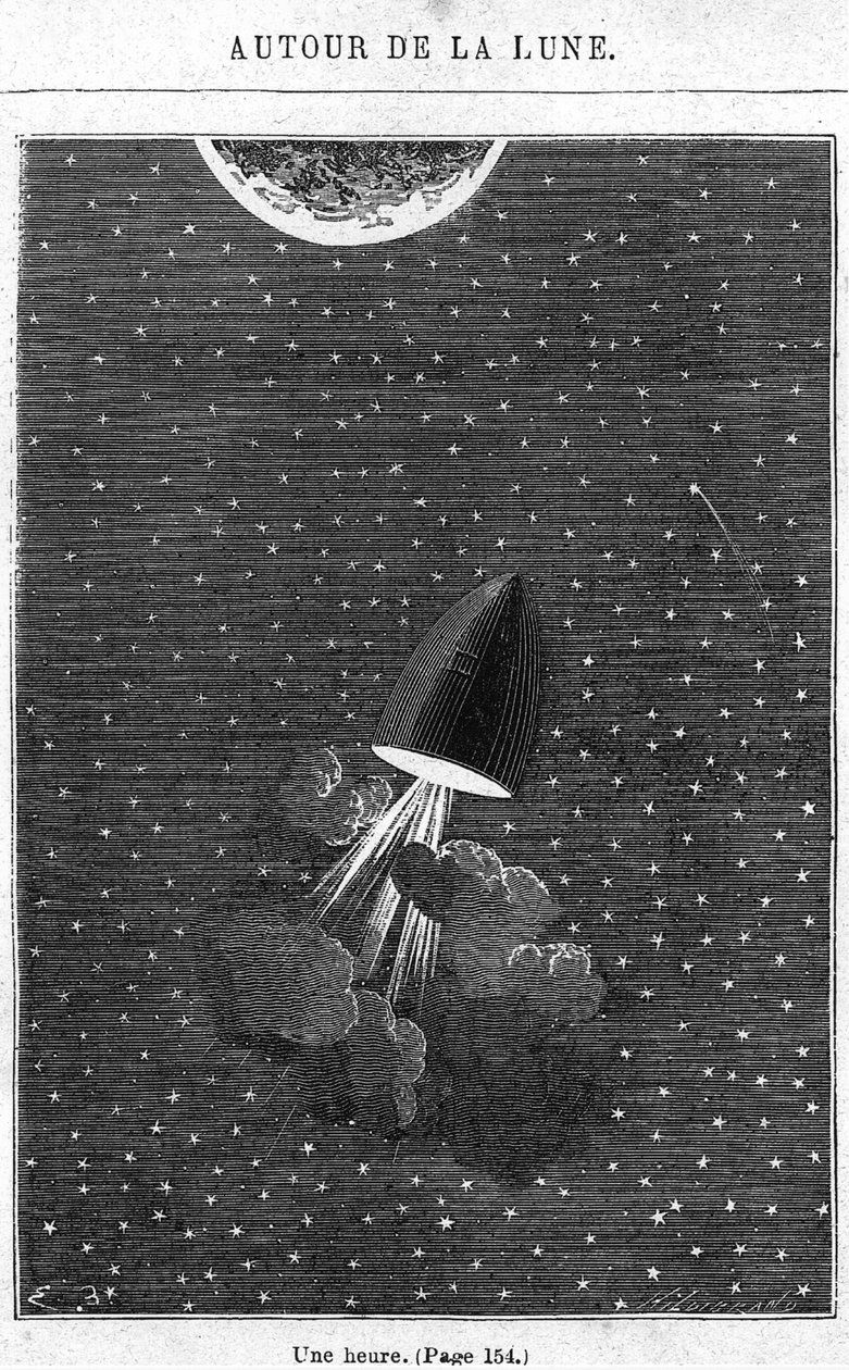 På vej til månen, illustration fra "Rundt om månen" af Jules Verne (1828-1905) Paris, Hetzel, graveret af Henri Theophile Hildibrand (1824-97) af Emile Antoine Bayard