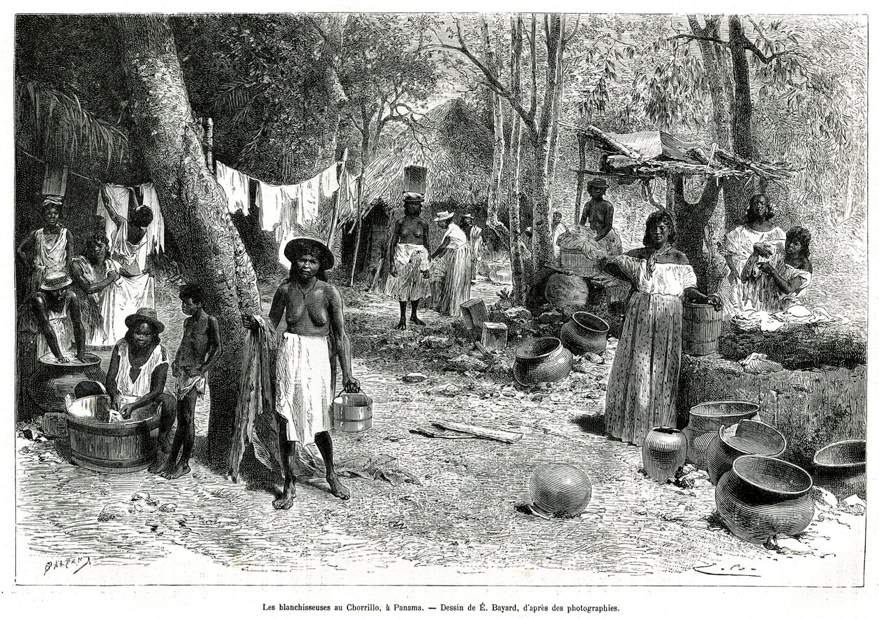 Les blanchisseuses au Chorillo, Panama, gravering efter en tegning af E.Bayard, for at illustrere historien Exploration at the isthms of Panama and Darien, af A. Reclus, skibsløjtnant, fra 1876 til 1878, offentliggjort i tour du monde, under ledelse af Emile Antoine Bayard