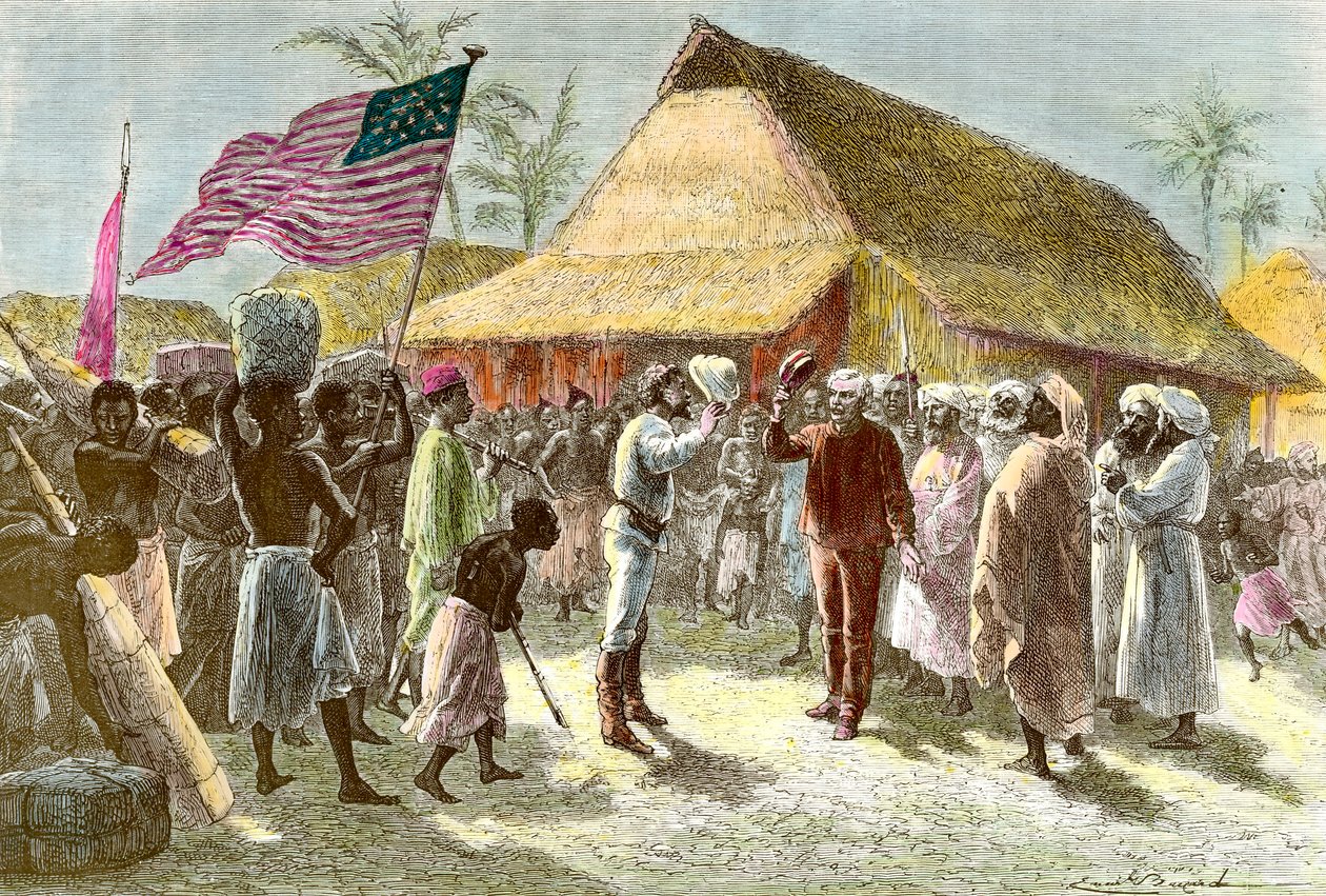 Mødes i Ujiji ved Tanganyika-søens bredder mellem Henry Morton, en eksploderende og journalist fra Wales (1841-1904) og David Livingstone, en skotsk missionær opdagelsesrejsende på det afrikanske kontinent (1813-1873), den 10. november af Emile Antoine Bayard