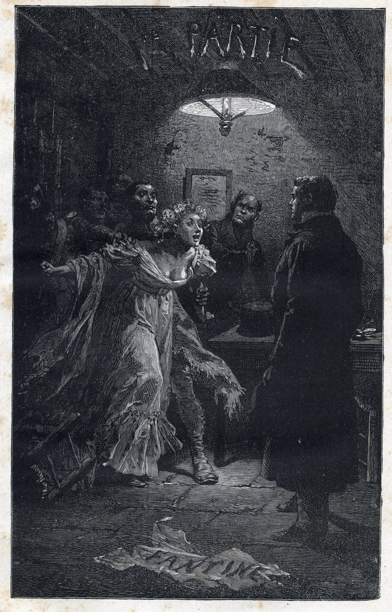 Monsieur Madeleine kommer Fantine til undsætning på tidspunktet for hans arrestation af Javert - Illustration af Emile Bayard (1837-1891) til "" Les miserables - Premiere partie: Fantine" af Victor Hugo (1802-1885) 1862 af Emile Antoine Bayard