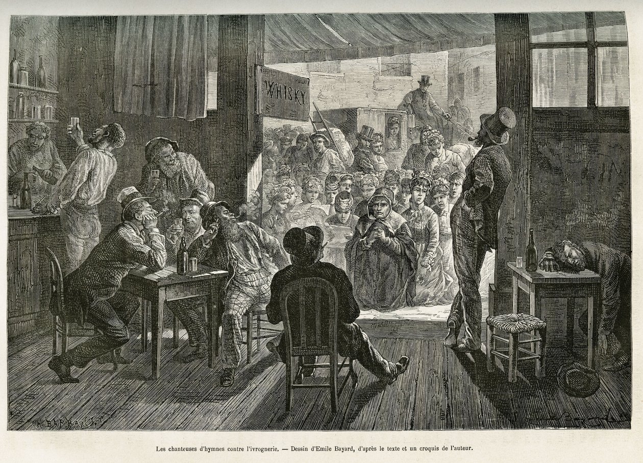 Mother Careys fuldskabssalmesangere samledes ved indgangen til en whiskybar i Ohio for at bekæmpe alkoholismens opblomstring. Emile Bayards tegning til illustration af historien La conquete blanche, af William Hepworth Dixon, i 1875, udgivet i "Le tour du  af Emile Antoine Bayard