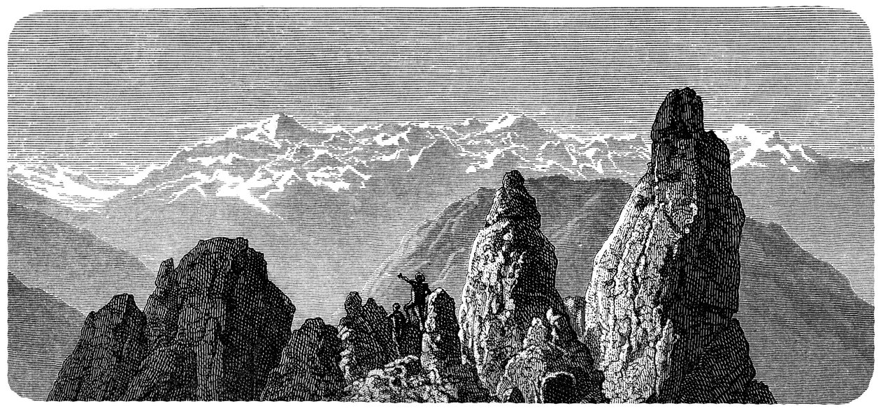 Bjergtopmøde kaldet Pierre a Voir nær de saksiske bade i Valais, schweiziske alper. Illustration af Emile Bayard til Albert Dupaignes bog "Les Montagnes", udgave Mame 1881. af Emile Antoine Bayard