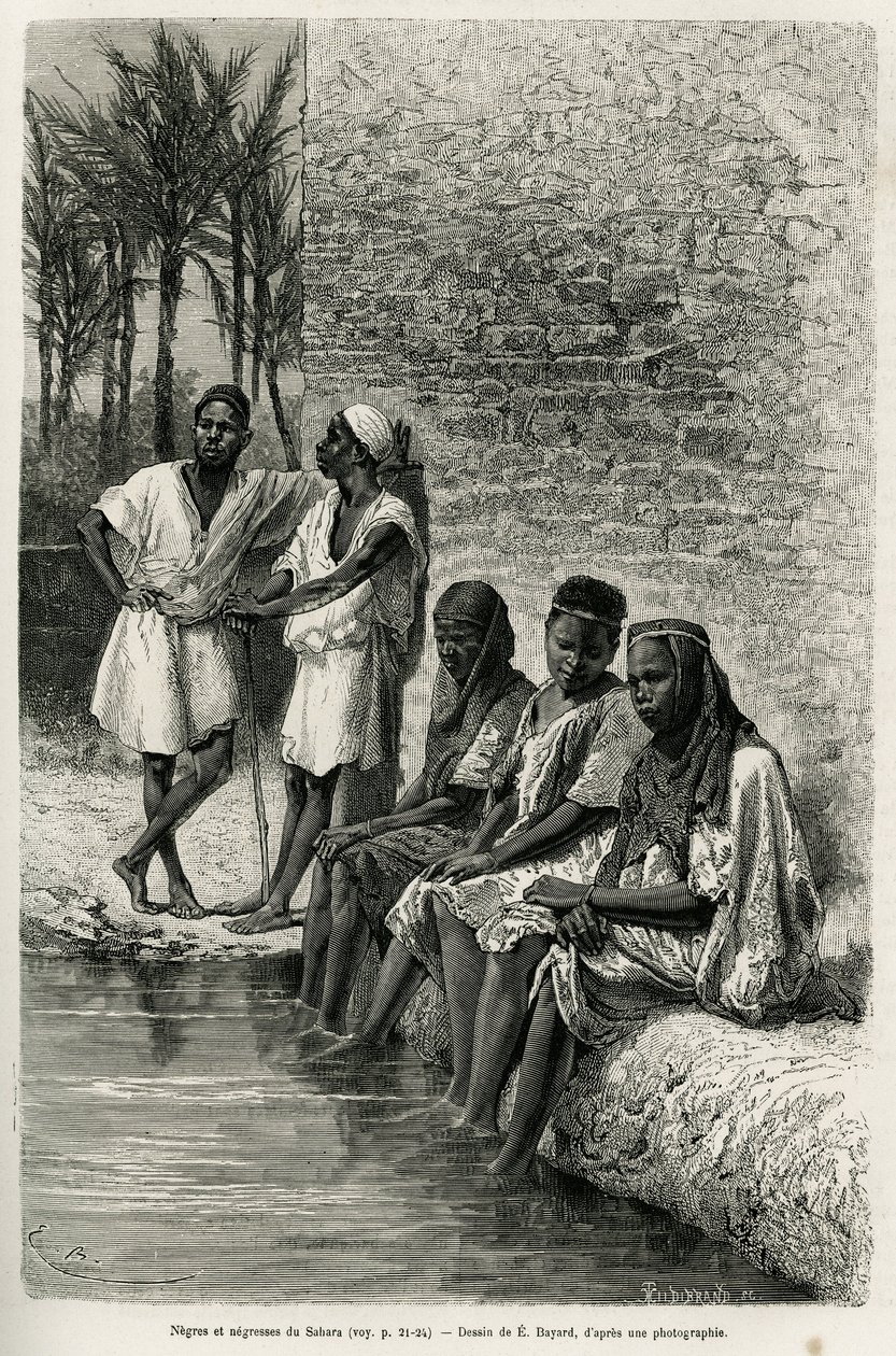 Negres og negres af Sahara, ved bredden af Oued Rihr. Indgravering af E.Bayard, for at illustrere det algeriske Sahara, af V.Largeau, i 1874-1878, udgivet i Tour du monde, under ledelse af Edouard Charton (1807-1890) af Emile Antoine Bayard