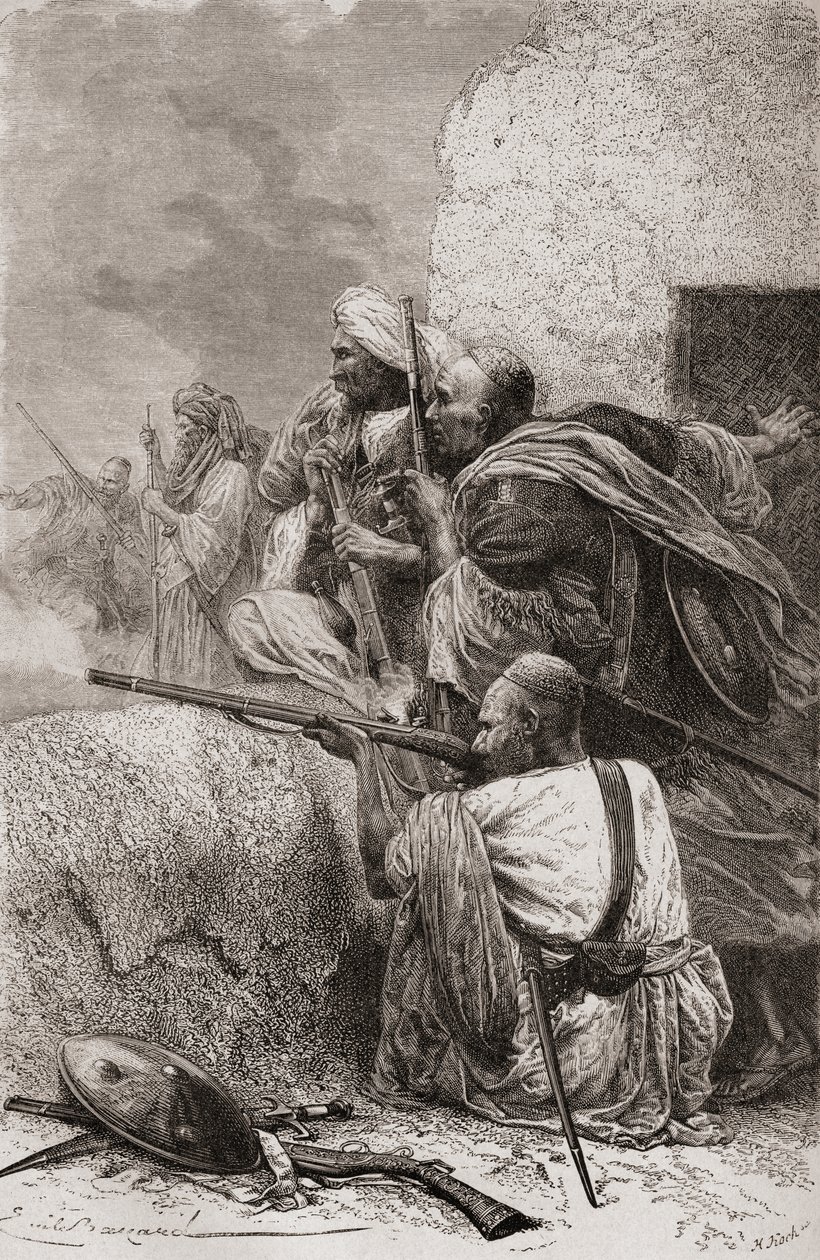 Nordafghanske oprørere kæmper mod briterne i bjergene i Hazara, Pakistan, under britisk styre, 1878 af Emile Antoine Bayard