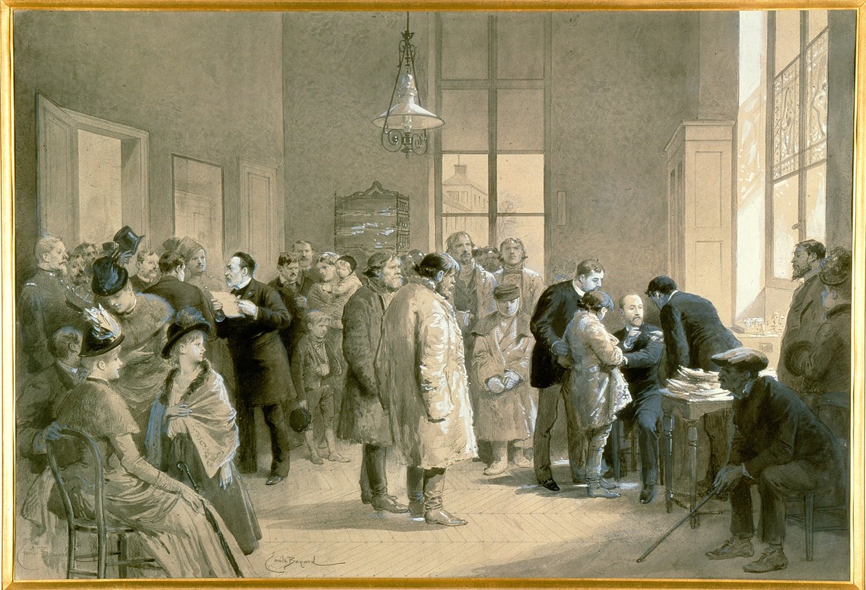 Patienter bidt af hunde med rabies bliver vaccineret mod hydrofobi i laboratoriet på Ecole Normale i Paris. af Emile Antoine Bayard