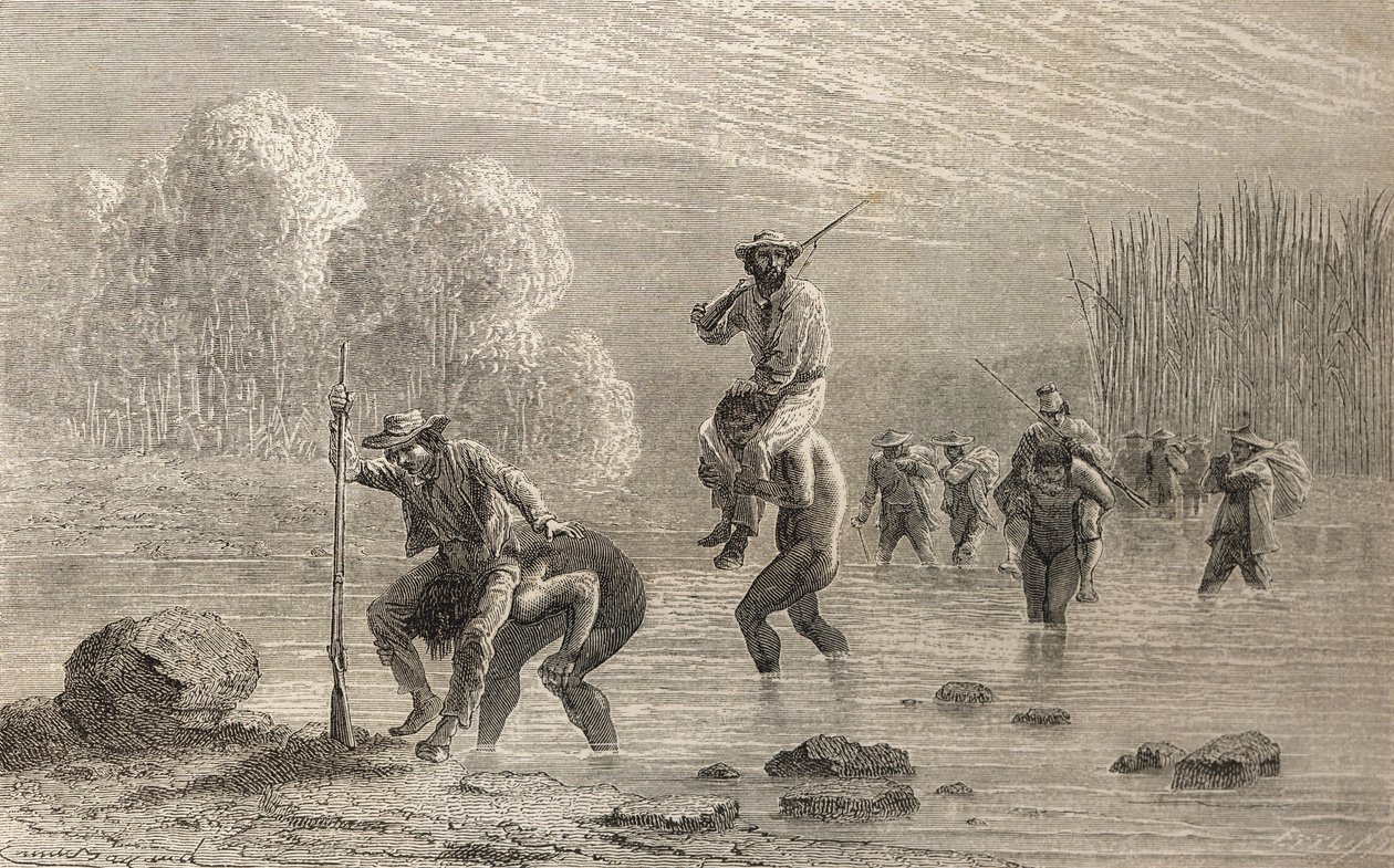 Paul Marcoy og hans ekspedition bliver båret gennem en sump i Argentina af Chuncho-indianere i 1874, illustration fra "The World in the Hands", udgivet i 1878 af Emile Antoine Bayard