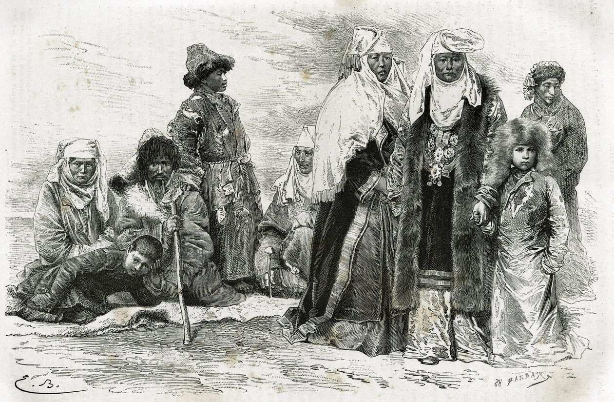 Fattige og rige kirgisiske kvinder. Gravering af Emile Bayard, for at illustrere rejseindtryk fra Orenburg til Samarkand, af Marie de Ujfalvy-Bourdon, mellem 1876 og 1878, i Tour du monde, instrueret af Edouard Charton af Emile Antoine Bayard