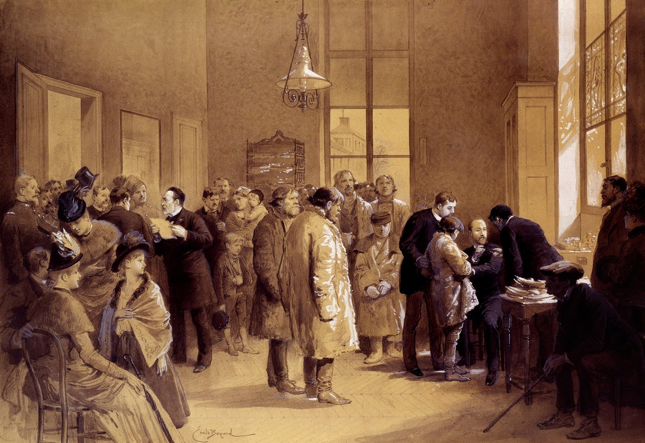 Rabiesvaccination: Louis Pasteur (1822-1895) appellerede til fansene, mens Dr. Gaucher vaccinerede et russisk barn, Joseph Meister, mod rabies den 6/07/1885 i et laboratorium på Ulm Street." Tryk af Emile Bayard (1837-1891) 1886 Paris, Musee Pasteur af Emile Antoine Bayard