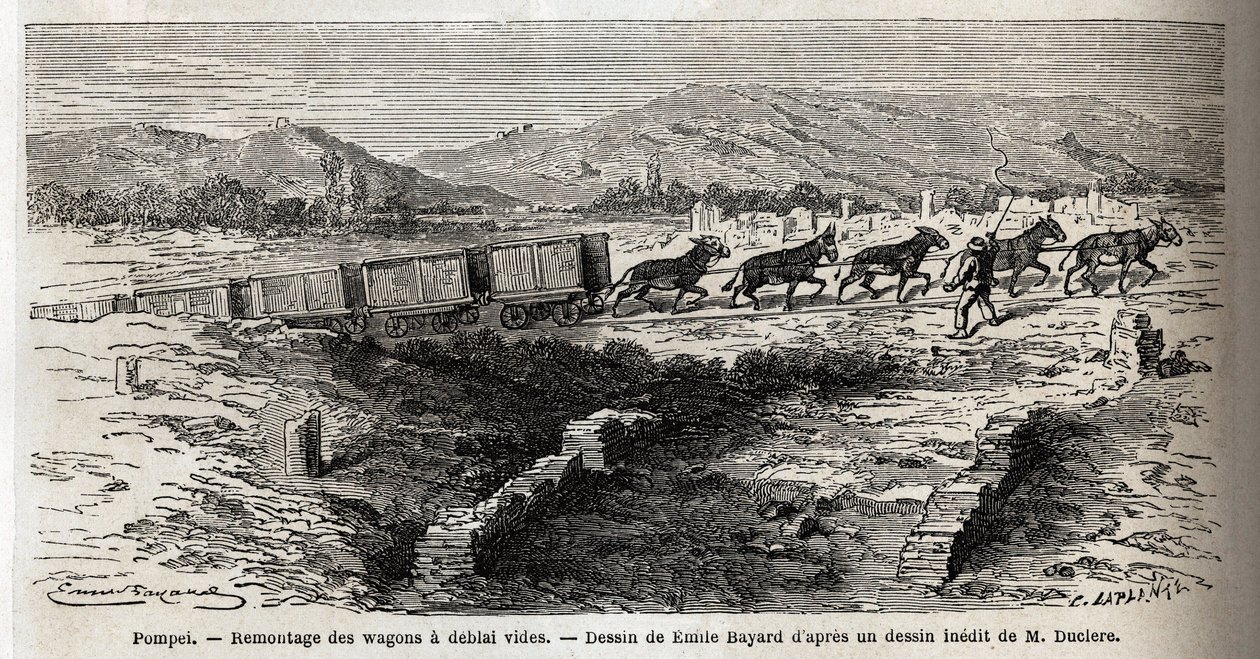 Gensamling af tomme vogne under udgravningerne i 1864 i Pompei, tegning af Emile Bayard (1837-1891), for at illustrere Marc Monniers tekst (1829-1885) "" Pompei og Pompeierne"". Indgravering i "" Le tour du monde"", redigeret af Edouard Charton af Emile Antoine Bayard