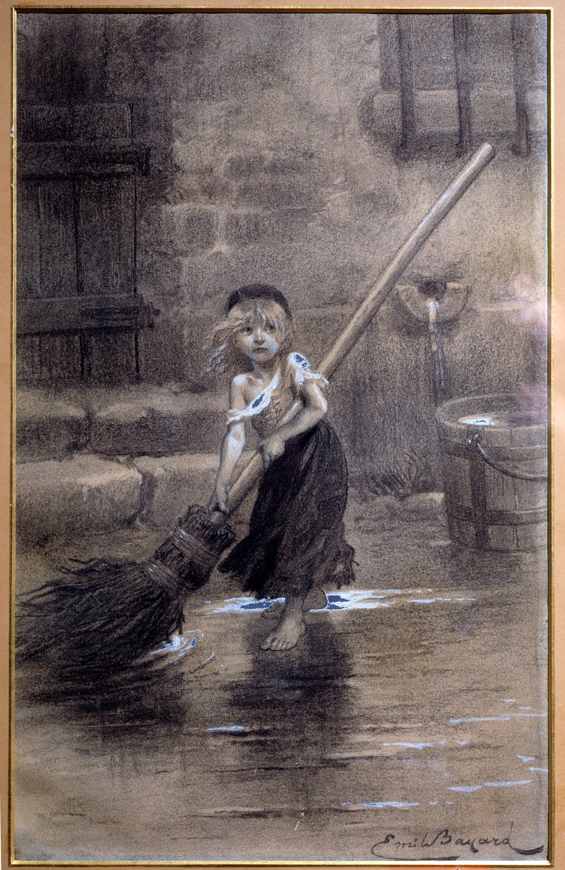 Cosette, der fejer barfodet. Illustration til "The Miserables" af Victor Hugo (1802-1885) af Emile Bayard (1837-1891) 19. århundrede. Paris, Maison Victor Hugo af Emile Antoine Bayard